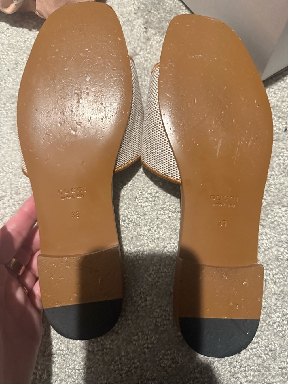 Gucci Brown Leather Logo Slide Sandals with Woven Upper - Picture 10 of 11